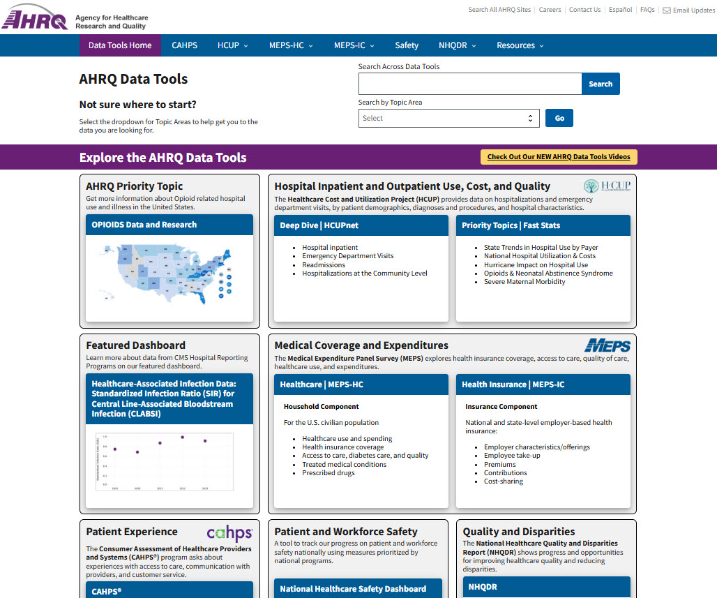 Screenshot of AHRQ Data Tools web page