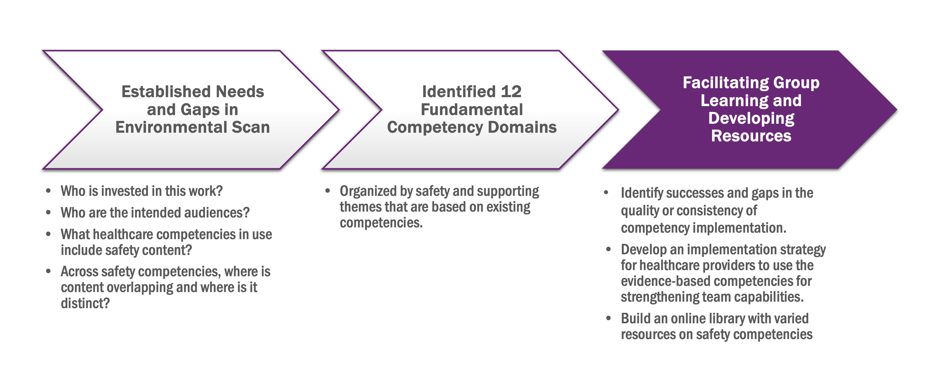 To help increase organizational capacity for providing safe healthcare, the Patient Safety Competencies Affinity Group performed an environmental scan to identify themes among the safety competencies the group reviewed and found 12 competency domains that informed the library of resources compiled by the group.