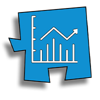 The third puzzle piece for program goals is a bar chart with thin bars pointing upward at different heights and .an arrow above them following the heights of each bar