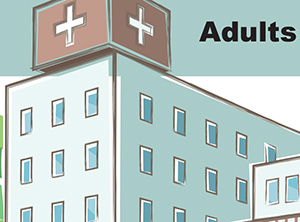 Drawing of a hospital with statistics on 2018 in-hospital mortality rates among adults aged 18 to 64 years; Type 2 diabetes, 41 deaths per 10,000 stays; Type 1 diabetes, 20 deaths per 10,000 stays