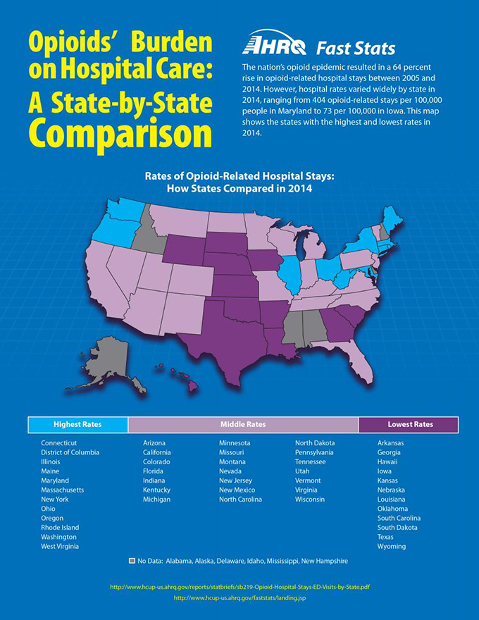 Opioids' Burden on Hospital Care: A State-by-State Comparison. The nation’s opioid epidemic resulted in a 64 percent rise in opioid-related hospital stays between 2005 and 2014. However, hospital rates varied widely by state in 2014, ranging from 404 opioid-related stays per 100,000 people in Maryland to 73 per 100,000 in Iowa. This map shows the states with the highest and lowest rates in 2014. States with the highest rates include: Connecticut, District of Columbia, Illinois, Maine, Maryland, Massachusetts, New York, Ohio, Oregon, Rhode Island, Washington, and West Virginia. States with the lowest rates include: Arkansas, Georgia, Hawaii, Iowa, Kansas, Louisiana, Nebraska, Oklahoma, South Carolina, South Dakota, Texas, and Wyoming. No data were available for Alabama, Alaska, Delaware, Idaho, Mississippi, or New Hampshire.