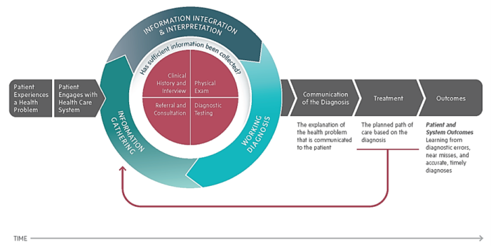 Figure depicts the diagnostic process. Patient Experiences a Health Problem leads to Patient Engages with Health Care System, which is a cycle of Information Gathering, Information Integration and Interpretation, and Wokring Diagnosis? Has sufficient information been collected? Clinical History and Interview, Physical Exam, Referral and Consultation, and Diagnostic Testing are at the center of the cycle. Steps that follow are Communication of the Diagnosis, Treatment, and Outcomes.