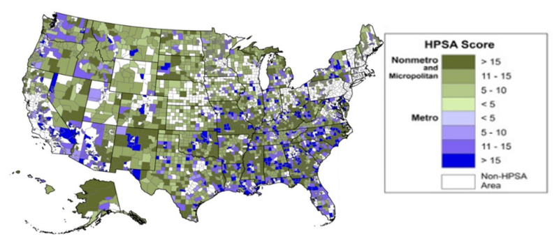 Map of the United States shows health professional shortage area (HPSA) scores for Non-metro, micropolitan, and metro areas.