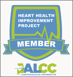 A blue and green logo with a shield designating a Heart Health Improvement Project Member of the ALCC Cardiovascular Cooperative.