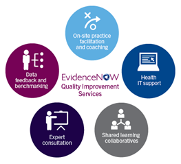 The EvidenceNOW Model Quality Improvement Services has 5 components: on-site practice facilitation and coaching, health IT support, shared learning collaboratives, expert consultation, and data feedback and benchmarking.