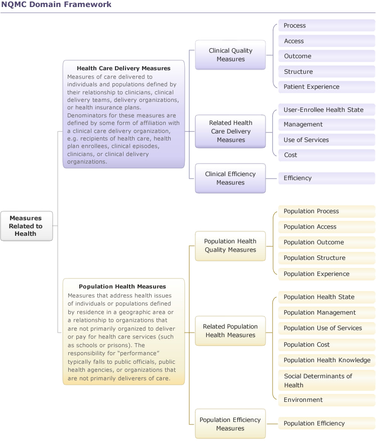 NQMC’s measures: 1) health care delivery measures including a) clinical quality, b) related health care delivery, and c) clinical efficiency; 2) population health measures including a) population health quality, b) related population health, and c) population efficiency