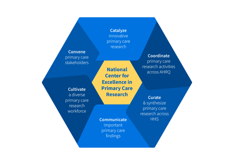 This graphic shows the six activities that the NCEPCR plans to engage in to advance its mission. These include Catalyze innovative primary care research; Coordinate primary care research activities across AHRQ; Curate & synthesize primary care research across HHS; Communicate important primary care findings; Cultivate a diverse primary care research workforce; and Convene primary care stakeholders. 