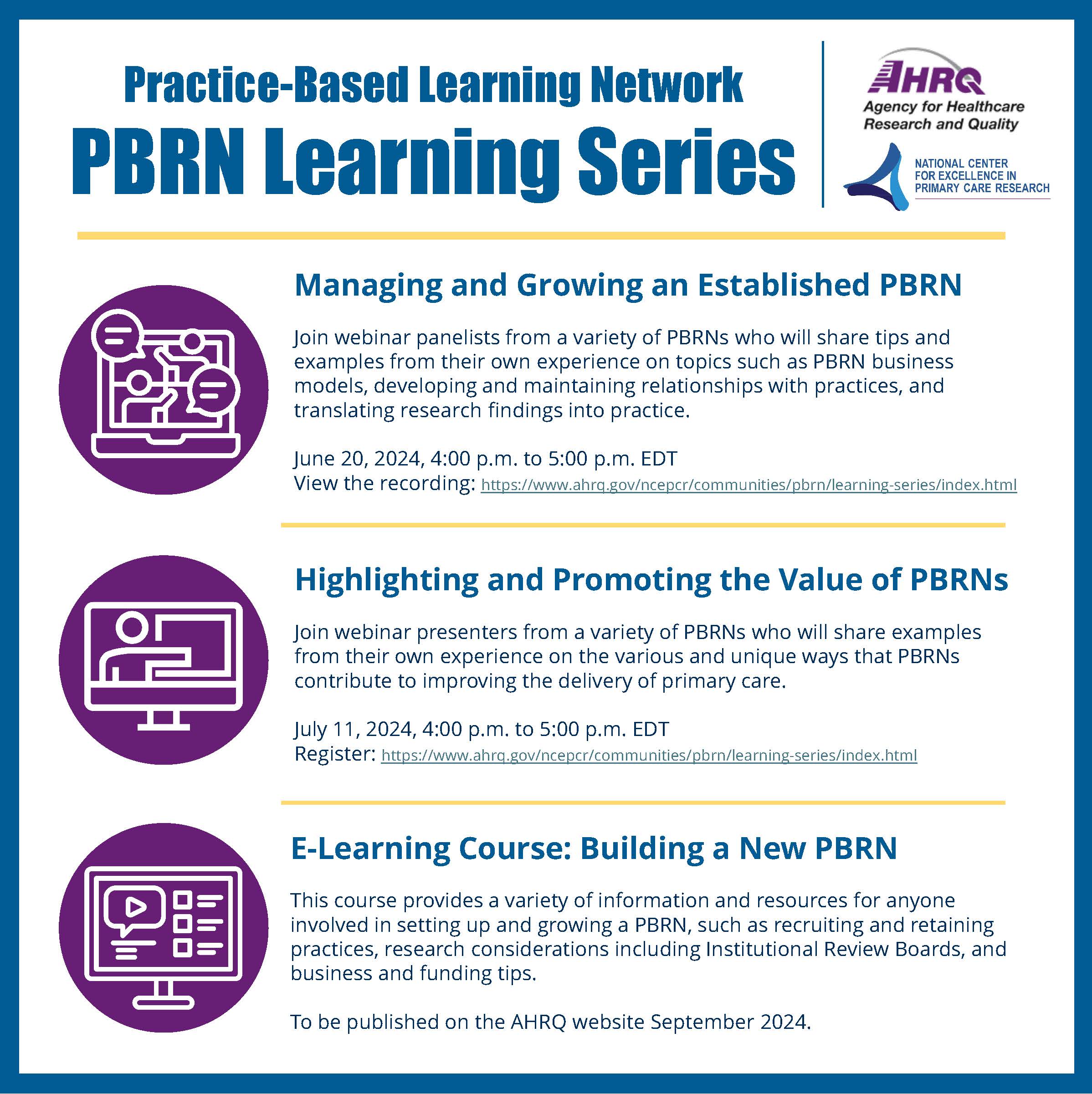 PBRN learning series with past webinars and upcoming course in September 2024.