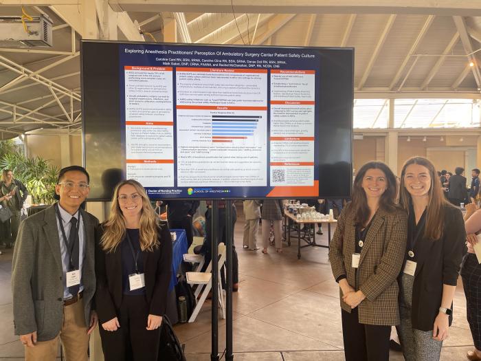 From left: Mark Gabot, DNP, CRNA; Caroline Card; Caroline Cline; and Danae Doll at the California Association of Nurse Anesthesiology fall meeting. Not pictured: Rachel McClanahan, DNP, RN.