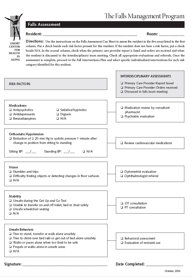 Falls assessment chart. For details, go to Text Description below.