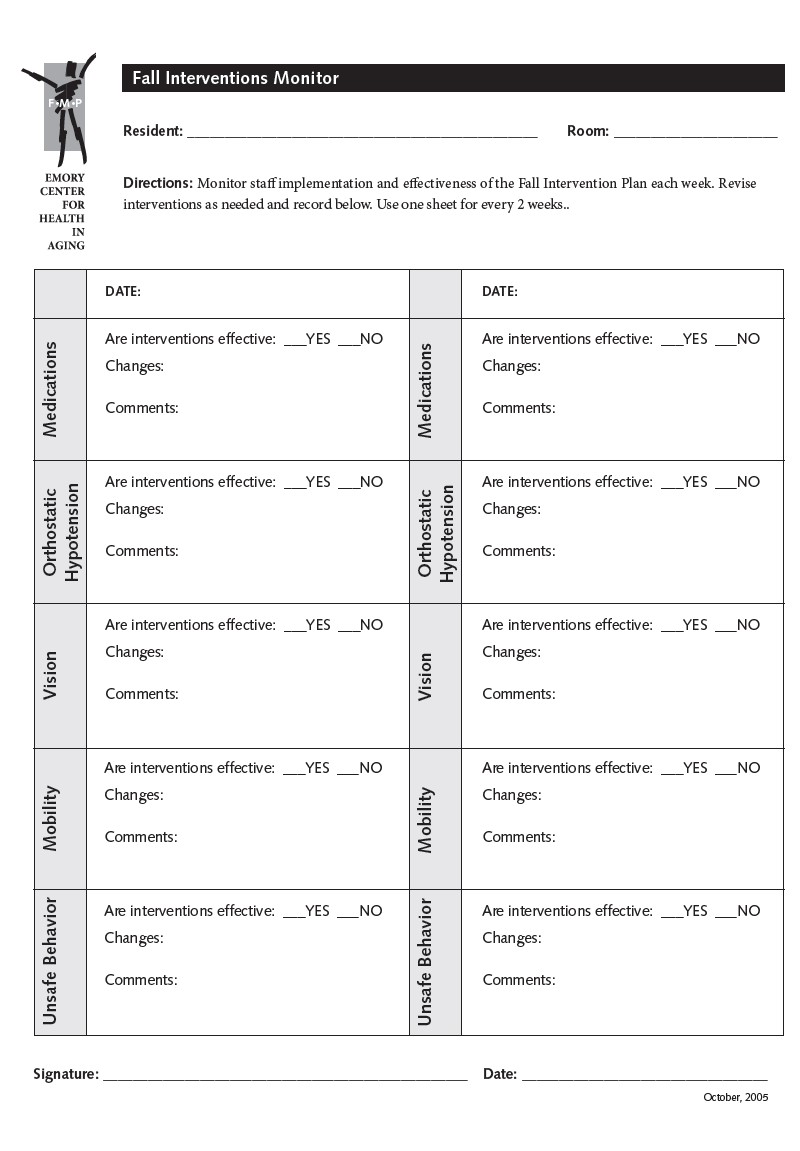 Fall Interventions Monitor Form. Text Description is below.