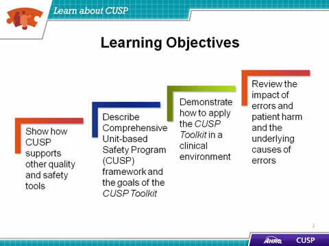 1. Show how CUSP supports other quality and safety tools. 2. Describe Comprehensive Unit-based Safety Program (CUSP) framework and the goals of the CUSP Toolkit. 3. Demonstrate how to apply the CUSP Toolkit in a clinical environment. 4. Review the impact of errors and patient harm and the underlying causes of errors.