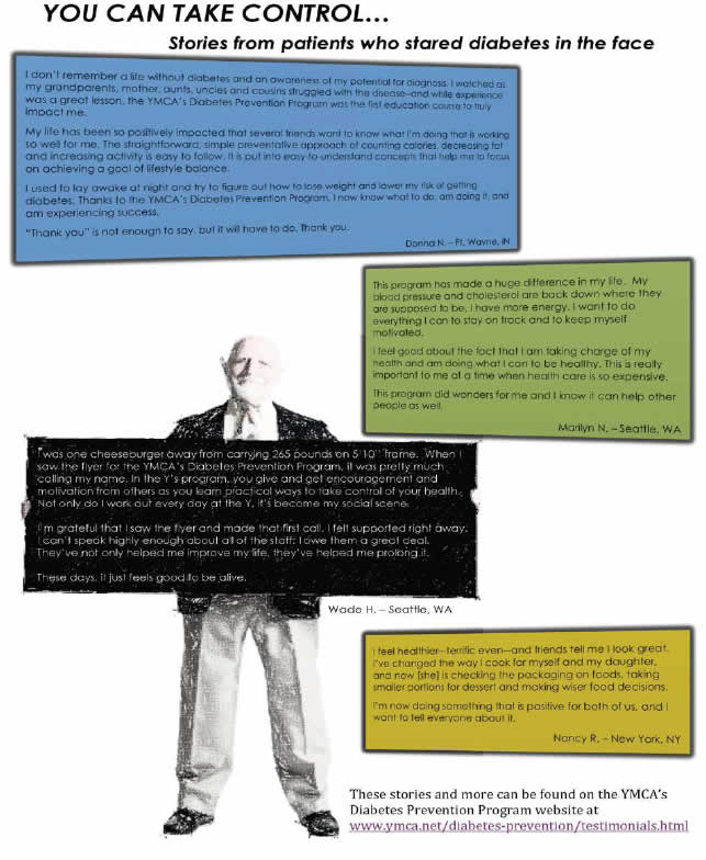 A poster captioned 'You Can Take Control... Stories from patients who stared diabetes in the face' shows a series of colored trapezoids, each containing text from a patient testimonial. One testimonial box is held by an elderly man.