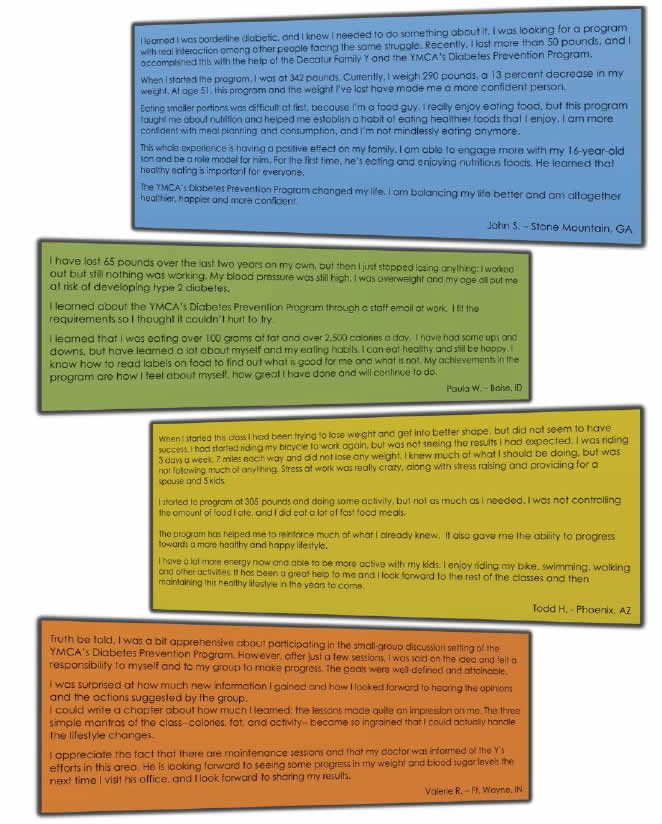 A poster captioned 'You Can Take Control... Stories from patients who stared diabetes in the face' shows a series of colored trapezoids, each containing text from a patient testimonial.