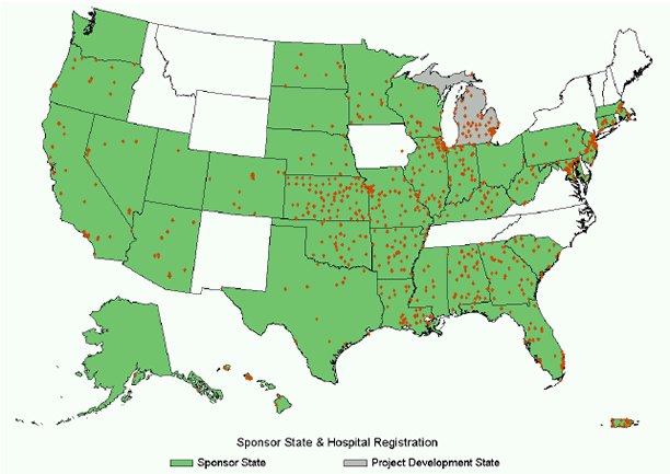 A map of the United States shows the locations of Sponsor State Hospital Associations and Hospitals Registered in the Project. As of July 2013, the following states have sponsored hospitals registered in the project: Alabama, Alaska, Arizona, Arkansas, California, Colorado, Connecticut, Florida, Georgia, Hawaii, Illinois, Indiana, Kansas, Kentucky, Louisiana, Maryland, Massachusetts, Michigan, Minnesota, Mississippi, Missouri, Nebraska, Nevada, New Jersey, North Dakota, Ohio, Oklahoma, Oregon, Pennsylvania, Puerto Rico, South Carolina, South Dakota, Texas, Utah, Washington, West Virginia, Wisconsin.