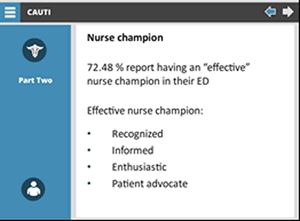 Nurse champion  72.48 percent report having an "effective" nurse champion in their ED. Effective nurse champion: recognized, informed, enthusiastic, patient advocate.