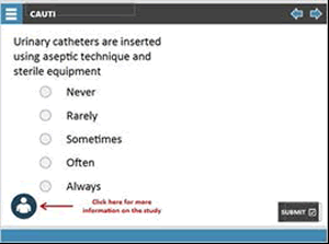 Urinary catheters are inserted using aseptic technique and sterile equipment. Options to select are: Never, Rarely, Sometimes, Often, or Always.