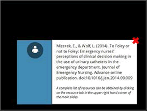 Mizerek E, & Wolf L. (2014) To Foley or not to Foley: Emergency nurses' perceptions of clinical decision making in the use of urinary catheters in the emergency department. Journal of Emergency Nursing. Advance online publication. 2014.  A complete list of resources can be obtained by clicking on the resource tab in the upper right hand corner of the main slides.