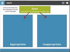 Click on the black text box and drag it into the correct rectangle. Box labeled Start: Indications for Indwelling catheter use, with arrows pointing to two blue boxes, one labeled appropriate and one labeled inappropriate.