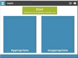 Box labeled Start: Indications for Indwelling catheter use. Two blue boxes, one labeled appropriate and one labeled inappropriate.