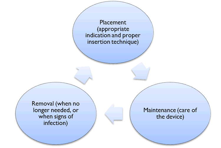 Placement, Maintenance, and Removal Before any procedure, the individual inserting the device needs to evaluate the indication and the potential risk associated with the device use. The device (PVC, CVC, UC, ventilator) placement should follow proper insertion technique. All devices are removed as soon as they are no longer needed or when a complication is identified (if at all possible). Evaluating the device daily for necessity will reduce unnecessary use, thus reducing the infection risk. Figure 1 illustrates the three areas of focus in reducing invasive device risk. Figure 1. The three areas of focus to reduce device risk: placement, maintenance, and removal