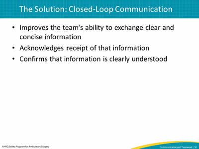 Improves the team's ability to exchange clear and concise information. Acknowledges receipt of that information. Confirms that information is clearly understood.