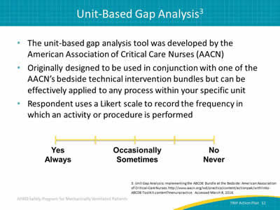 The unit-based gap analysis tool was developed by the American Association of Critical Care Nurses (AACN). Originally designed to be used in conjunction with one of the AACN’s bedside technical intervention bundles but can be effectively applied to any process within your specific unit. Respondent uses a Likert scale to record the frequency in which an activity or procedure is performed. Image: Example of Likert scale used to record the frequency in which an activity or procedure is performed.