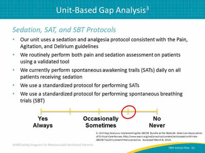 Sedation, SAT, and SBT Protocols: Our unit uses a sedation and analgesia protocol consistent with the Pain, Agitation, and Delirium guidelines. We routinely perform both pain and sedation assessment on patients using a validated tool. We currently perform spontaneous awakening trails (SATs) daily on all patients receiving sedation. We use a standardized protocol for performing SATs. We use a standardized protocol for performing spontaneous breathing trials (SBT). Image: Example of Likert scale used to record the frequency that an activity or procedure is performed.