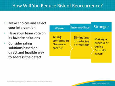 Make choices and select your intervention. Have your team vote on its favorite solutions. Consider rating solutions based on direct and feasible way to address the defect. Image: Rate solutions based on frequency and expected impact from weaker to intermediate to stronger. The chart shows a progression from weaker (telling someone to be more careful) to intermediate (eliminating or reducing distractions) to stronger (making a process or device mistakeproof).