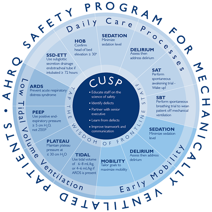 AHRQ Safety Program for Mechanically Ventilated Patients. CUSP: Tap the wisdom of frontline staff. Educate staff on the science of safety. Identify defects. Partner with senior executive. Learn from defects. Improve teamwork and communication. Daily Care Processes: SSD-ETT: Use subglottic secretion drainage endotracheal tube if intubated greater than or equal to 72 hours. HOB: Confirm head of bead elevation greater than or equal to 30 degrees. SEDATION: Minimize sedation level. DELIRIUM: Assess then address delirium. SAT: Perform spontaneous awakening trial–Wake up! SBT: Perform spontaneous breathing trial to wean patient off mechanical ventilation. Early Mobility: SEDATION: Minimize sedation level. DELIRIUM: Assess then address delirium. MOBILITY: Tailor goals to maximize mobility. Low Tidal Volume Ventilation: ARDS: Prevent acute respiratory distress syndrome. PEEP: Use positive end-expiratory pressure of greater than or equal to 5 cm H2O. PLATEAU: Maintain plateau pressure at less than or equal to 30 cm H2O. TIDAL: Use tidal volume of 6–8 mL/kg and 4–6 if ARDS present.