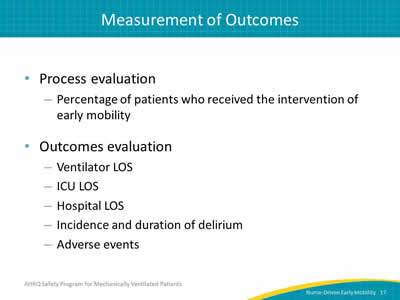 Process evaluation: Percentage of patients who received the intervention of early mobility. Outcomes evaluation: Ventilator LOS. ICU LOS. Hospital LOS. Incidence and duration of delirium. Adverse events.