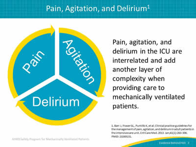 Image: Circle divided into three parts to illustrate the relationship between pain, agitation, and delirium. Pain, agitation, and delirium in the ICU are interrelated and add another layer of complexity when providing care to mechanically ventilated patients.