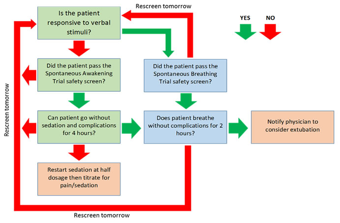 Title: Coordinated SAT and SBT protocol summary - Description: Flowchart depicting a summary of the coordinated SAT and SBT protocol process.