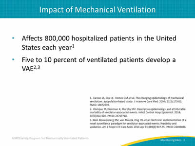 Affects 800,000 hospitalized patients in the United States each year. Five to 10 percent of ventilated patients develop a VAE.