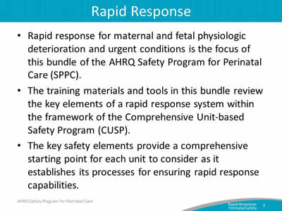 Rapid response for maternal and fetal physiologic deterioration and urgent conditions is the focus of this bundle of the AHRQ Safety Program for Perinatal Care (SPPC). The training materials and tools in this bundle review the key elements of a rapid response system within the framework of the Comprehensive Unit-based Safety Program (CUSP). The key safety elements provide a comprehensive starting point for each unit to consider as it establishes its processes for ensuring rapid response capabilities.