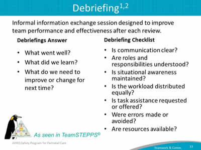 Informal information exchange session designed to improve team performance and effectiveness after each review.