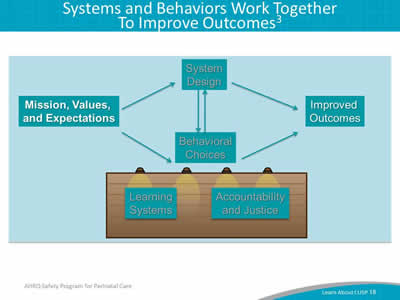 Image: Both system design and behavioral choices have an impact on patient safety. Learning systems, like mission values and expectations, impact system design and in turn, behavioral choices. These inputs also influence the accountability and justice of the environment to bring about improved outcomes.