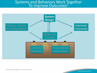 Image: Both system design and behavioral choices have an impact on patient safety. Learning systems, like mission values and expectations, impact system design and in turn, behavioral choices. These inputs also influence the accountability and justice of the environment to bring about improved outcomes.