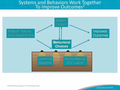 Image: Both system design and behavioral choices have an impact on patient safety. Learning systems, like mission values and expectations, impact system design and in turn, behavioral choices. These inputs also influence the accountability and justice of the environment to bring about improved outcomes.