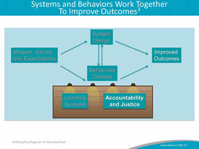 Image: Both system design and behavioral choices have an impact on patient safety. Learning systems, like mission values and expectations, impact system design and in turn, behavioral choices. These inputs also influence the accountability and justice of the environment to bring about improved outcomes.