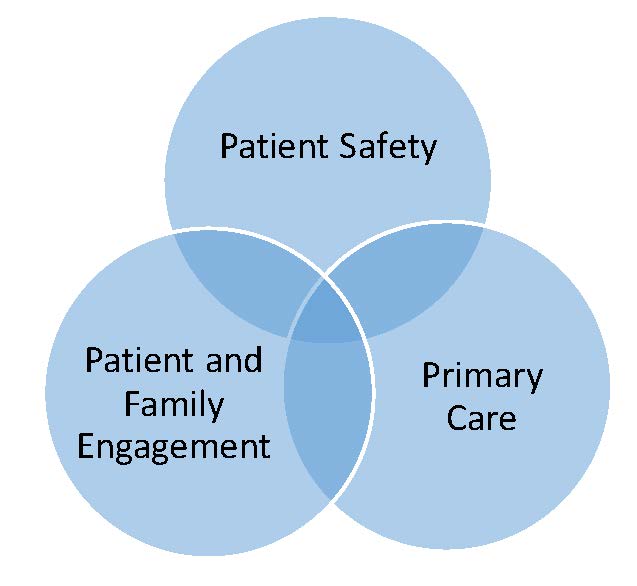 Figure 1. Conceptualization of Evidence. Venn diagram showing the intersection of patient safety, primary care, and patient and family engagement.