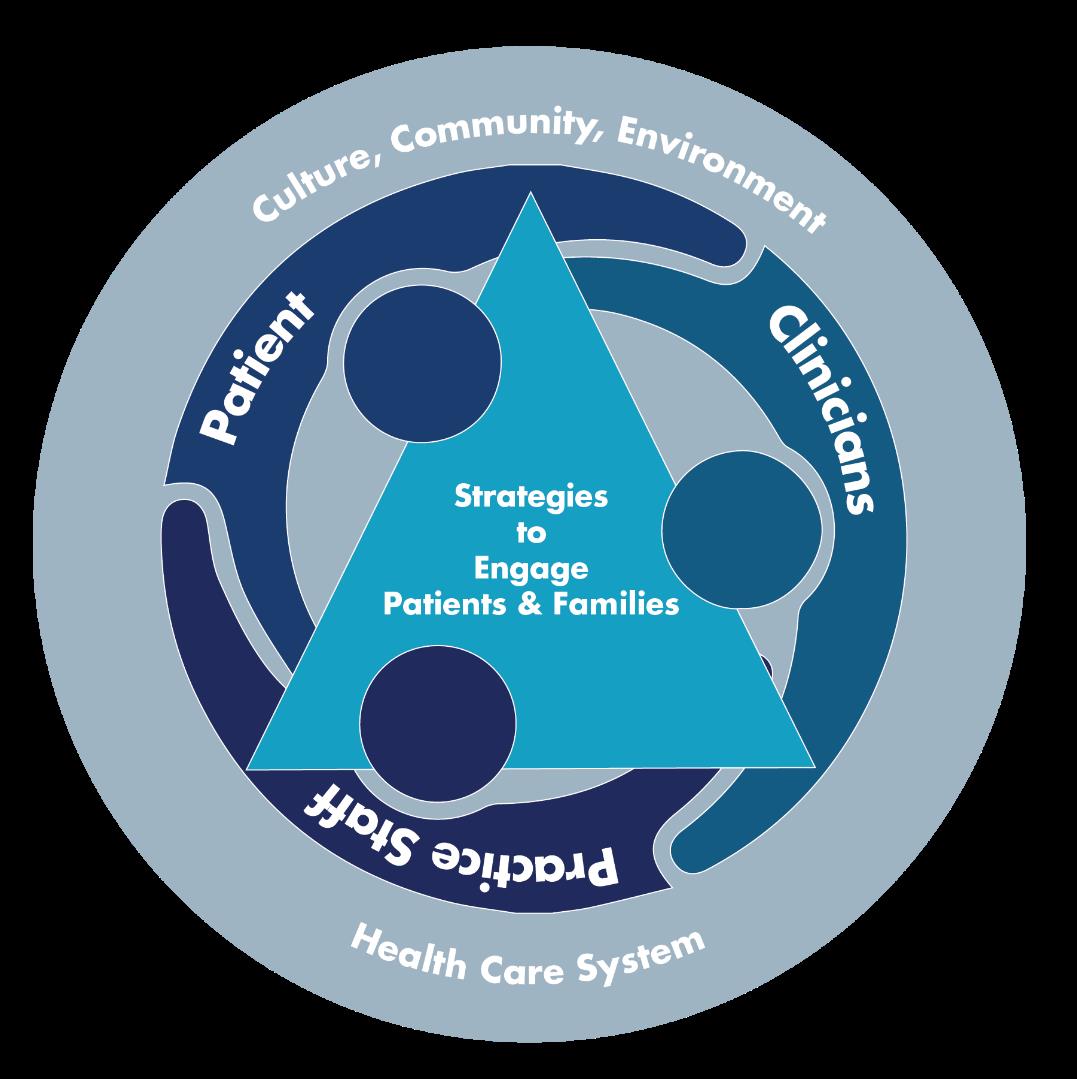 Figure 4. Model of Patient Safety in Primary Care. Circular figure depicting the relationship between patients, clinicians, and practice staff. Figure also includes triangle in center of circle to illustrate that strategies to engage patients and families touch all three groups. The health care system, culture, community, and environment are illustrated outside the circle as additional influencing factors.