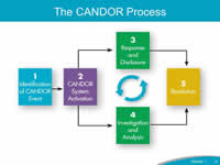 The figure depicts the five components of the CANDOR process: 1. Identification of CANDOR Event. 2. CANDOR System Activation. 3. Response and Disclosure. 4. Event Investigation and Analysis. 5. Resolution. Components 2 through 5 are a cyclical process.