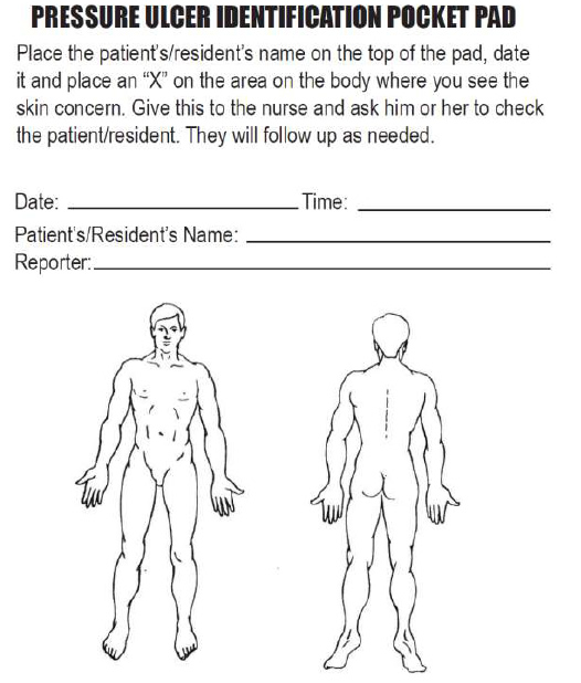 Image shows chart of human body, front and back; instructions indicate to place an X on the area of the body where you see a skin concern and give this form to the nurse to check the patient/resident. Lines allow the person filling out the chart (the 'reporter') to place the patient's/resident's name, their own name, ad the date and time of the examination.