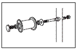 drawing detail of the axle nut and bolt, bearing, nuts, and washers of a wheel assembly from a wheelchair