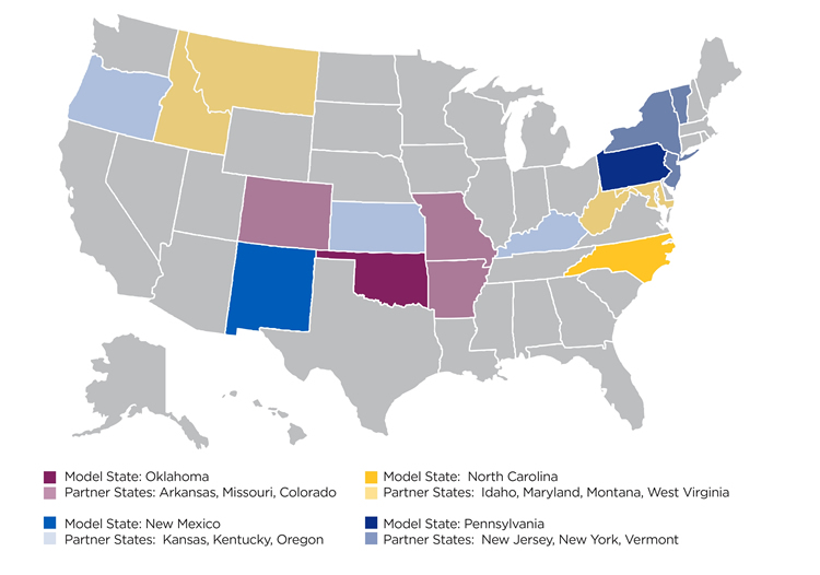 Map of the United States highlighting the four IMPaCT grant states: North Carolina, Oklahoma, Pennsylvania, and New Mexico, and their partner states.