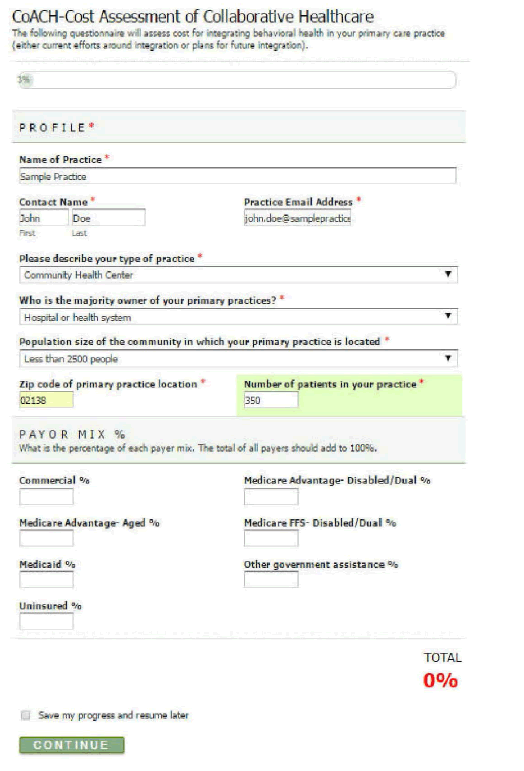 Graphic showing the first page of the CoACH (Cost Assessment of Collaborative Healthcare) web-based tool. The tool has a number of fields where the user enters practice information such as practice name, contact name, contact email, a description of the practice, who the majority owner is, the population size of the community where the practice is located, the zip code, the number of patients in the practices, and the payor mix (e.g., commercial insurance, Medicare, Medicaid).