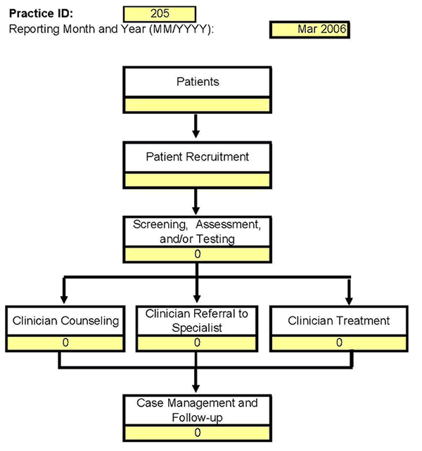 This graphic is the participant flow diagram for the P4H baseline intervention tool template. Users complete this figure to track and report the number of patients participating in all and any of the different phases of the intervention.