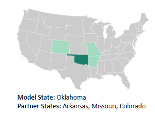 Map of the United States with Oklahoma, Arkansas, Missouri and Colorado highlighted.