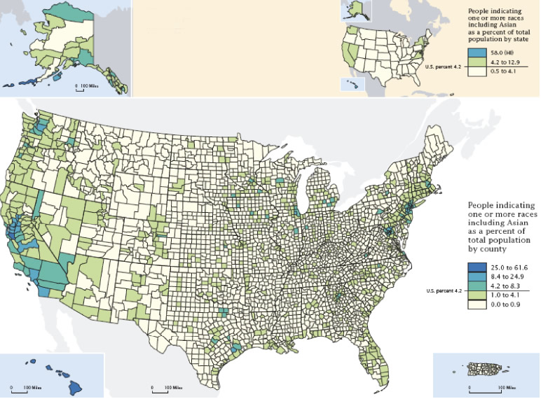 Map of the United States shows the distribution of the Asian population by county. A smaller insert map of the United States shows people of more than one race, including Asian, as a percentage of the total population by state.